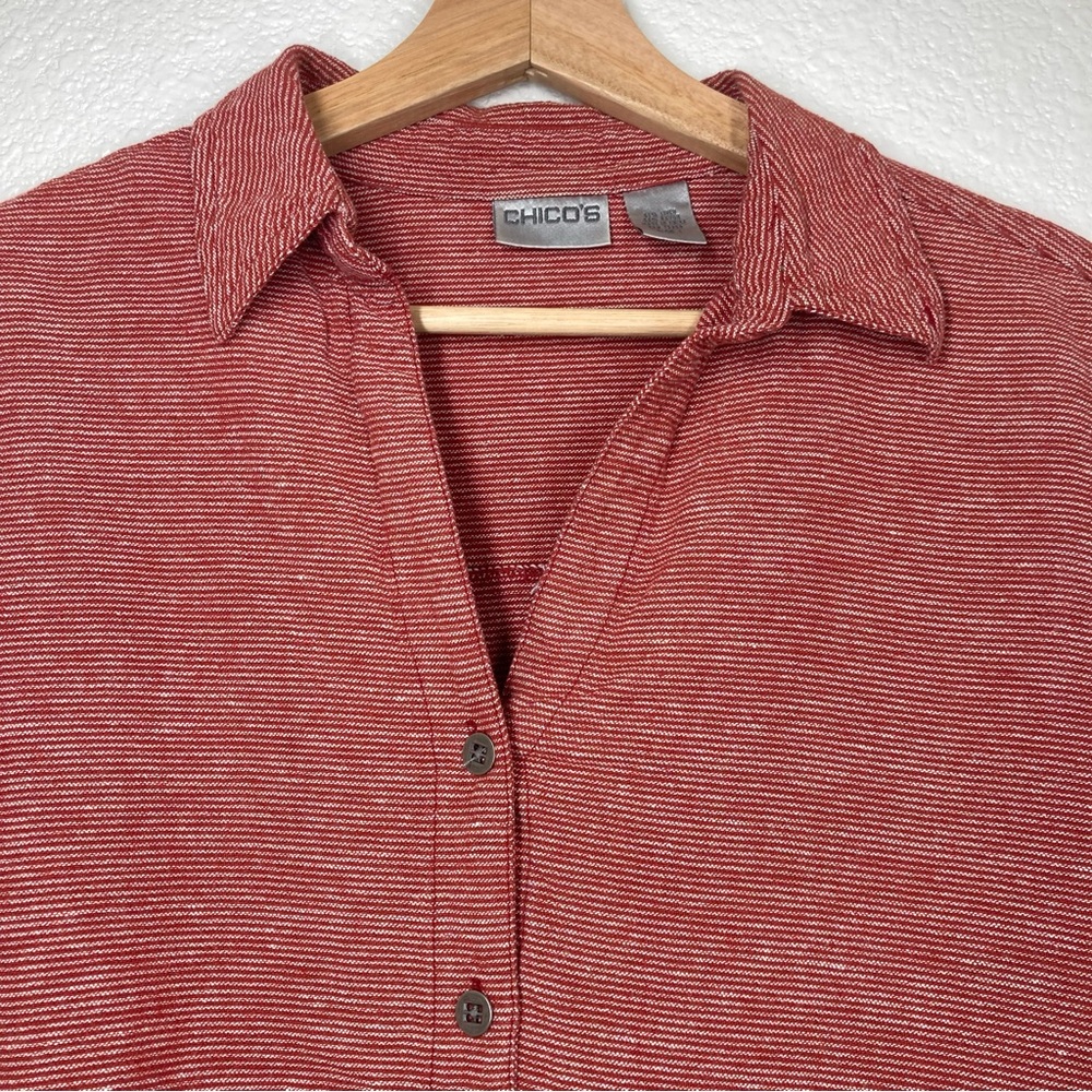 Chicos Women's Linen Shirt Red White Striped Button Down  3/4 Sleeve Size 1 - Picture 5 of 12